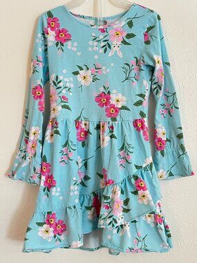 Carter's Girl's Floral Bunny Easter Pattern Ruffle Blue Pink Dress Size 6